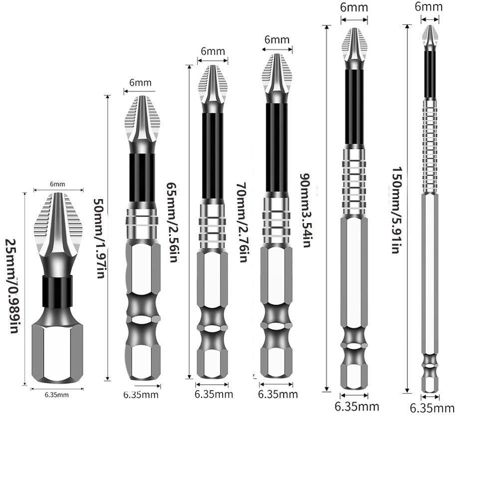 6PCS Magnetic Screwdriver Bits Set Anti-Slip PH2 Standard Phillips Screw Driver Drill Set 25mm-150mm