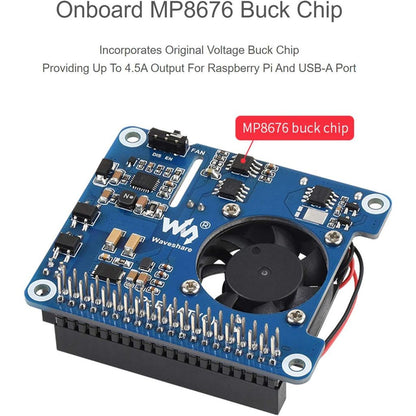 Waveshare Power Over Ethernet (PoE) HAT for Raspberry Pi 4B/3B+, 802.3af/at PoE Network Standard, 5V USB-A&12V Header Outputs, PoE HAT Onboard Cooling Fan and MP8676 Buck Chip