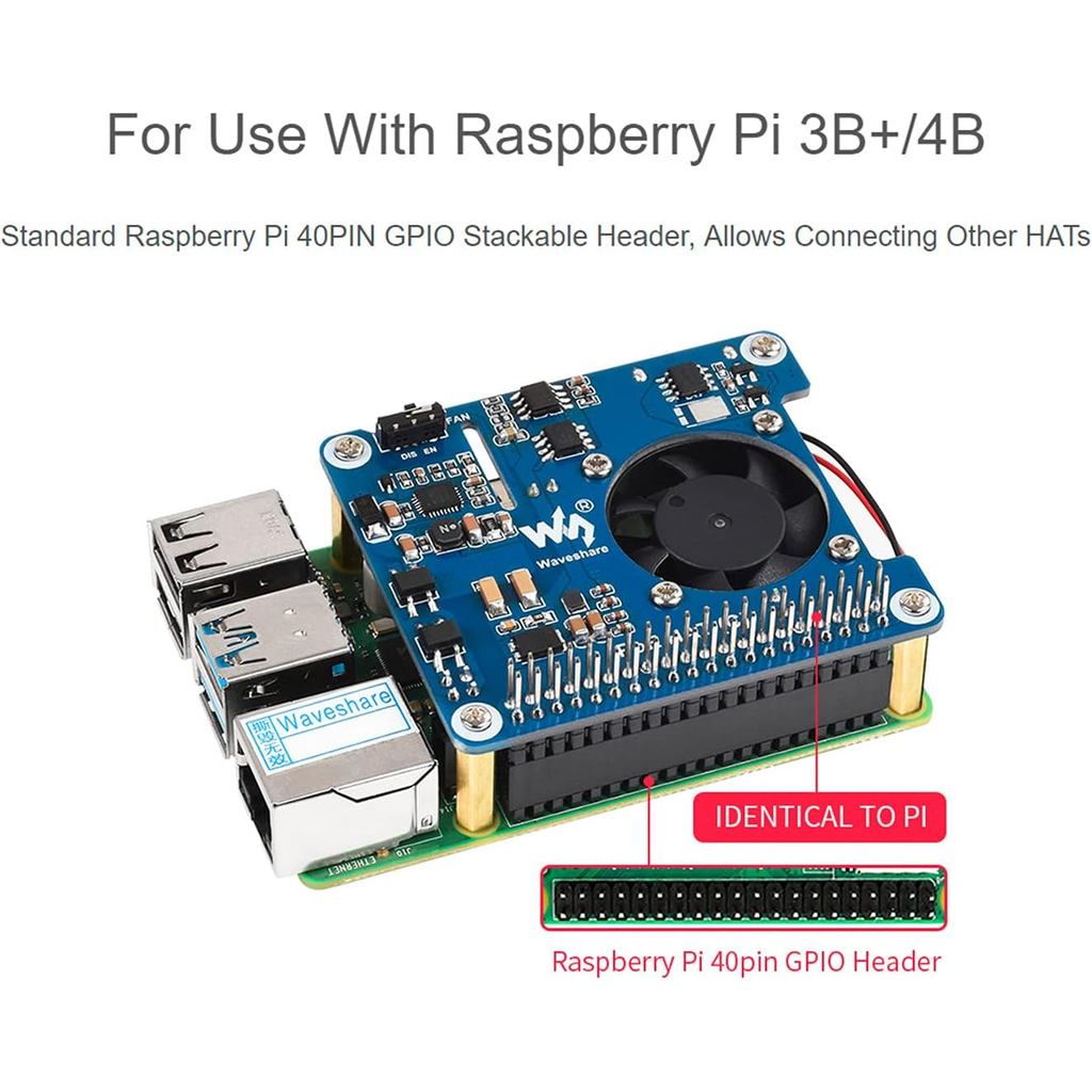 Waveshare Power Over Ethernet (PoE) HAT for Raspberry Pi 4B/3B+, 802.3af/at PoE Network Standard, 5V USB-A&12V Header Outputs, PoE HAT Onboard Cooling Fan and MP8676 Buck Chip