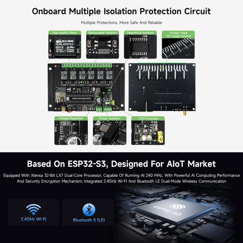 Waveshare ESP32-S3 6CH WiFi Relay Module Industrial Grade WiFi Relay Supports WiFi/Bluetooth/RS485/Pico Interface Relay