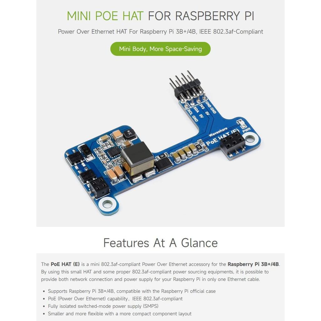 Waveshare PoE HAT(E) for Raspberry Pi Ethernet Power over Expansion Board for Raspberry Pi 3B+/4B for IEEE 802.3Af 1PCS