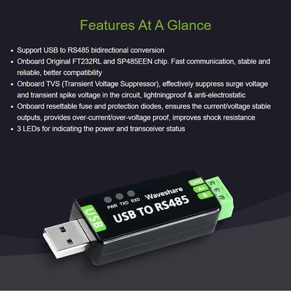 Waveshare Industrial USB to RS485 Converter with Original FT232RL and SP485EEN Embedded Protection Circuits for Industrial Control Equipments and/or Applications