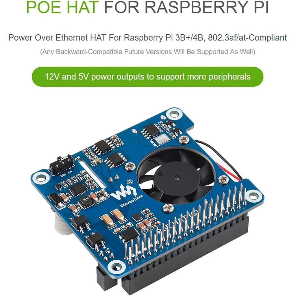 Waveshare Power Over Ethernet (PoE) HAT for Raspberry Pi 4B/3B+, 802.3af/at PoE Network Standard, 5V USB-A&12V Header Outputs, PoE HAT Onboard Cooling Fan and MP8676 Buck Chip