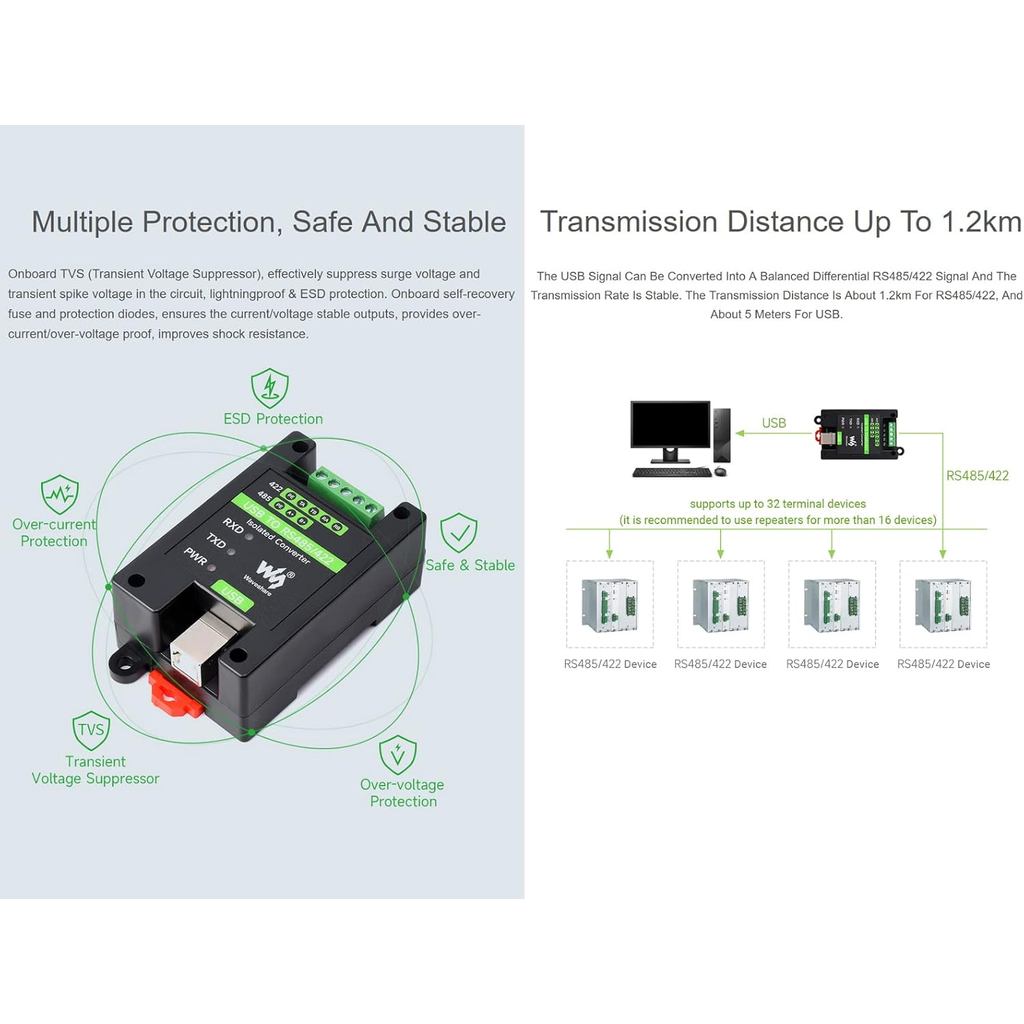 Waveshare USB to RS485/422 Converter Onboard FT232RL and SP485EEN Chip, Galvanic Isolated Converter with Multiple Protection, Support Win11/10/8.1/8/7/XP, Mac, Linux, Android