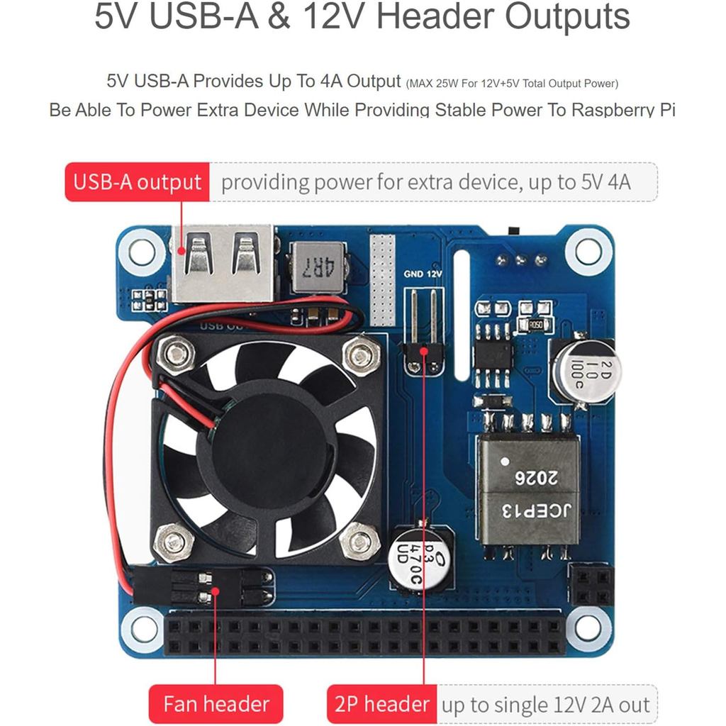 Waveshare Power Over Ethernet (PoE) HAT for Raspberry Pi 4B/3B+, 802.3af/at PoE Network Standard, 5V USB-A&12V Header Outputs, PoE HAT Onboard Cooling Fan and MP8676 Buck Chip