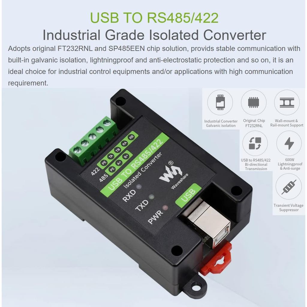 Waveshare USB to RS485/422 Converter Onboard FT232RL and SP485EEN Chip, Galvanic Isolated Converter with Multiple Protection, Support Win11/10/8.1/8/7/XP, Mac, Linux, Android