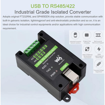 Waveshare USB to RS485/422 Converter Onboard FT232RL and SP485EEN Chip, Galvanic Isolated Converter with Multiple Protection, Support Win11/10/8.1/8/7/XP, Mac, Linux, Android