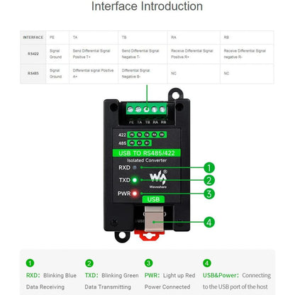 Waveshare USB to RS485/422 Converter Onboard FT232RL and SP485EEN Chip, Galvanic Isolated Converter with Multiple Protection, Support Win11/10/8.1/8/7/XP, Mac, Linux, Android