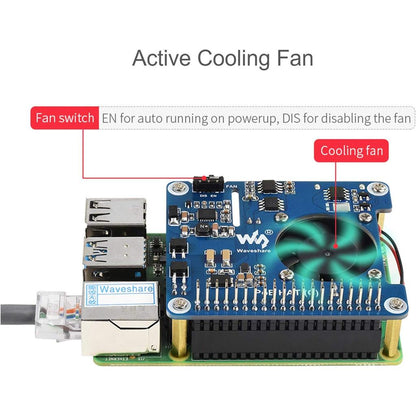 Waveshare Power Over Ethernet (PoE) HAT for Raspberry Pi 4B/3B+, 802.3af/at PoE Network Standard, 5V USB-A&12V Header Outputs, PoE HAT Onboard Cooling Fan and MP8676 Buck Chip