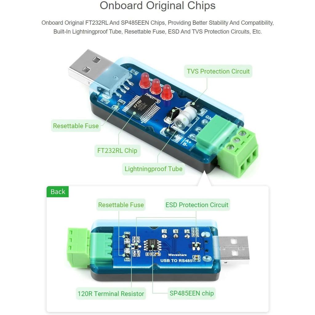 Waveshare Industrial USB to RS485 Converter with Original FT232RL and SP485EEN Embedded Protection Circuits for Industrial Control Equipments and/or Applications