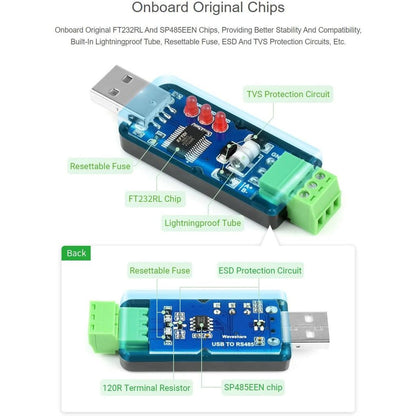 Waveshare Industrial USB to RS485 Converter with Original FT232RL and SP485EEN Embedded Protection Circuits for Industrial Control Equipments and/or Applications