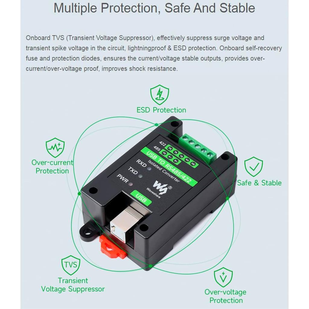 Waveshare USB to RS485/422 Converter Onboard FT232RL and SP485EEN Chip, Galvanic Isolated Converter with Multiple Protection, Support Win11/10/8.1/8/7/XP, Mac, Linux, Android
