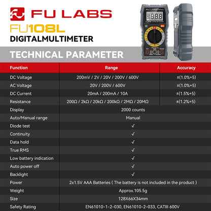 FULABS Digital Multimeter Tester Electrical Test Tool CAT.III 600V FU108L HT108L KIT