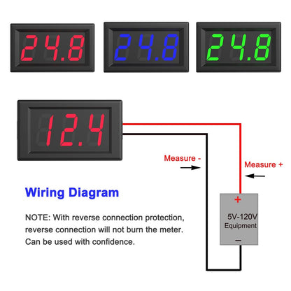 DC 5V-120V Digital Voltmeter Panel Gauge 2 Wires 0.56 inch LED Mini Voltage Meter Table Red Green Blue Display