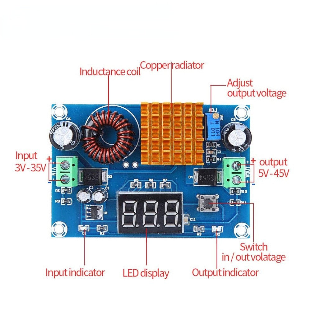 XH-M411 DC 4V-35V to DC 5V-45V Boost Module Digital Voltmeter DC-DC Step Up Module Boost Converter Board 5A Power Adjustable for Voltage
