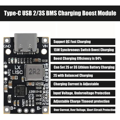 Type-C USB 2/3S BMS 15W 8.4V 12.6V 1.5A 2S 3S BMS Lithium Battery Charging Boost Module With Balanced Support Fast Charge Indicator