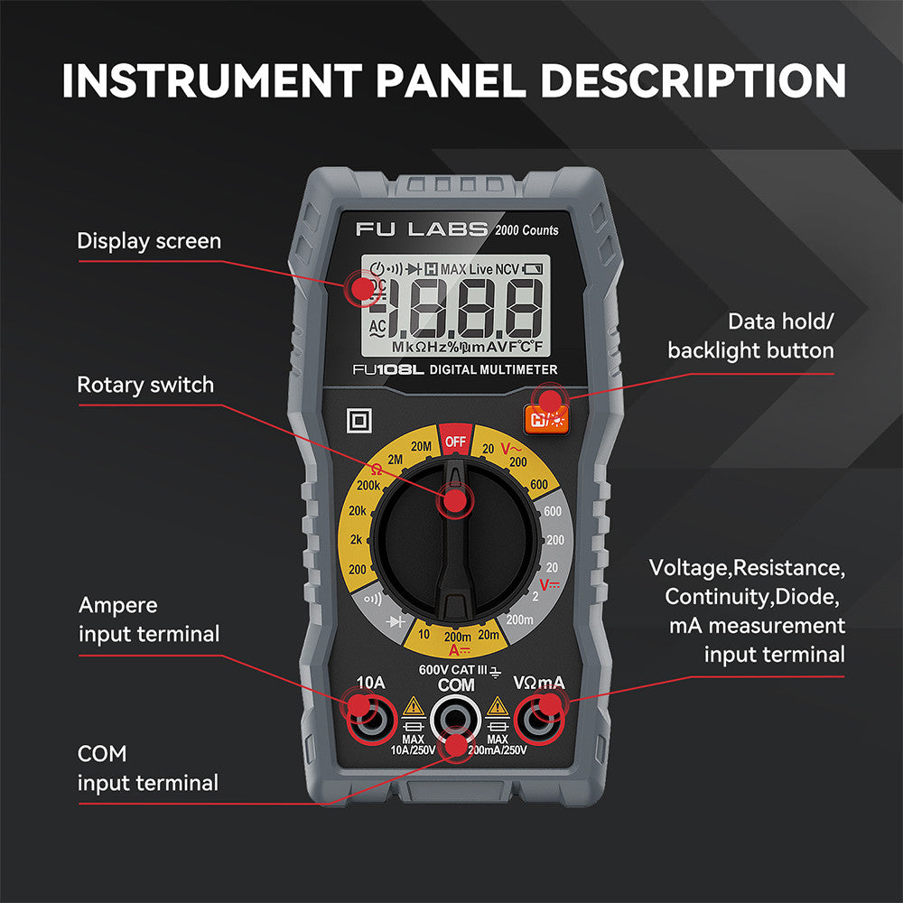 FULABS Digital Multimeter Tester Electrical Test Tool CAT.III 600V FU108L HT108L KIT