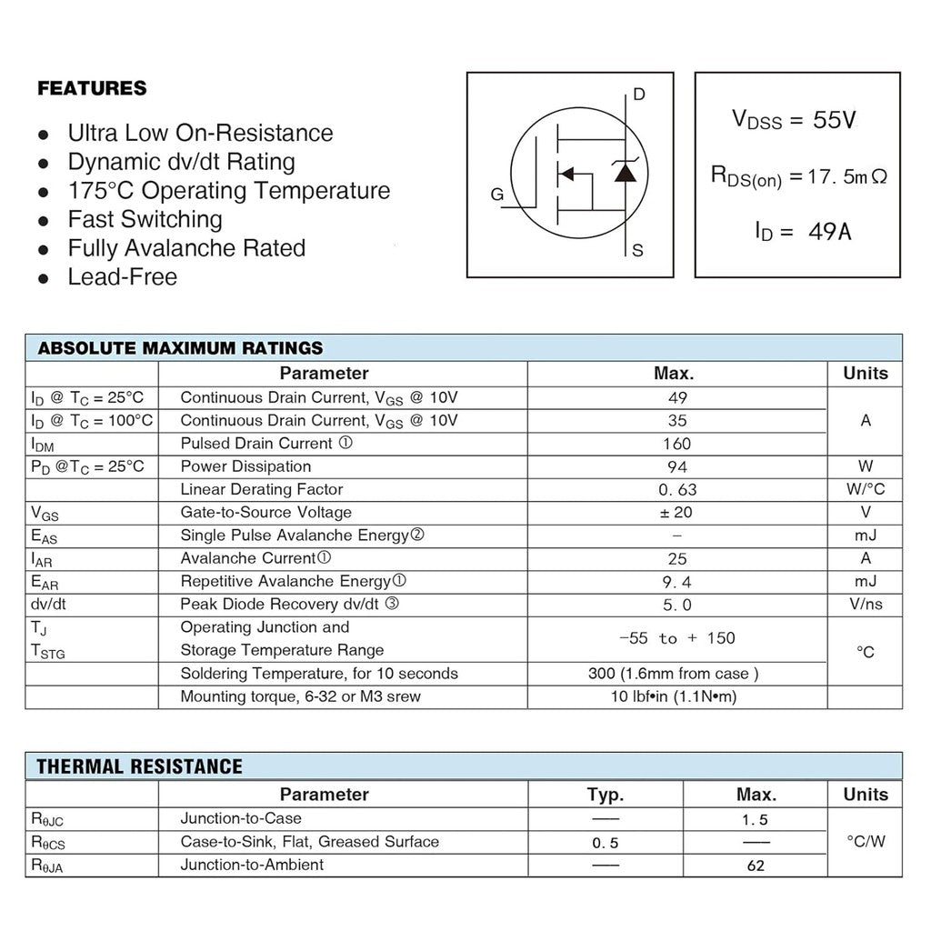 IRFZ44N MOSFET 49A 55V IRFZ44 IRFZ44NPBF N-Channel Rectifier Power Transistor Rectifier 49 Amp 55 Volt TO-220