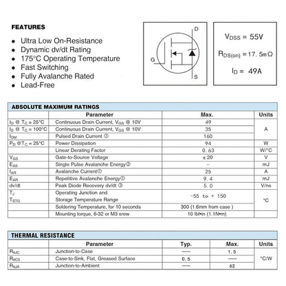 IRFZ44N MOSFET 49A 55V IRFZ44 IRFZ44NPBF N-Channel Rectifier Power Transistor Rectifier 49 Amp 55 Volt TO-220