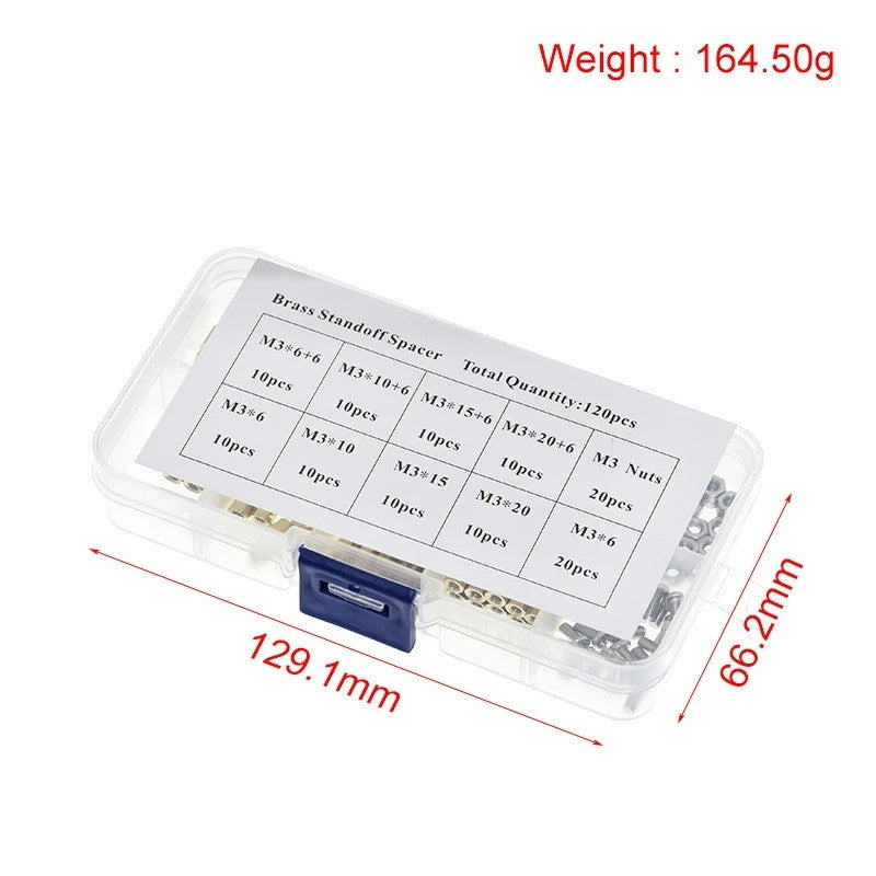 120pcs M3 Solid Brass Copper PCB Board Hex Hexagon Standoff Pillar Spacer Column Screw Nut Assortment Kit Set