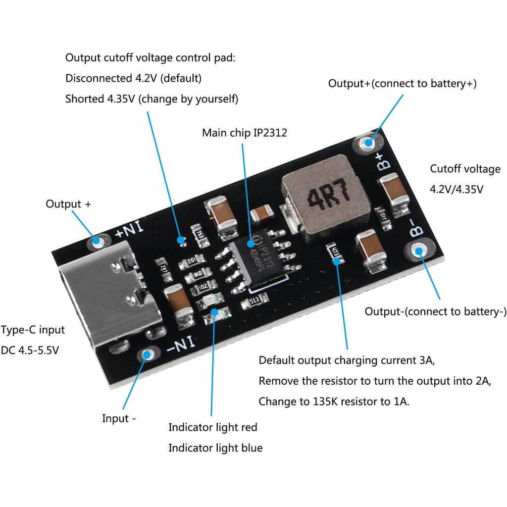 Type C USB Input High Current 3A Polymer Ternary Lithium Battery Quick Fast Charging Board IP2312 CC/CV Mode 5V To 4.2V