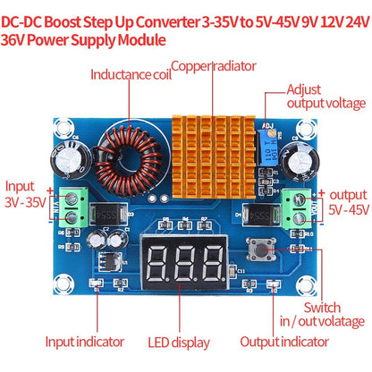 XH-M411 DC 4V-35V to DC 5V-45V Boost Module Digital Voltmeter DC-DC Step Up Module Boost Converter Board 5A Power Adjustable for Voltage