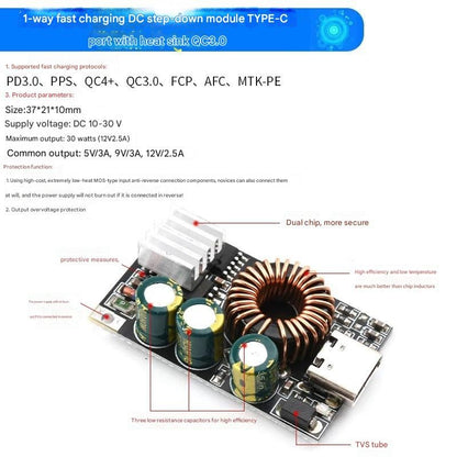 TYPE-C QC3.0 DIY Fast Charger DC 5-32V 24W Step-down Module for Emergency Charging of Mobile Phone