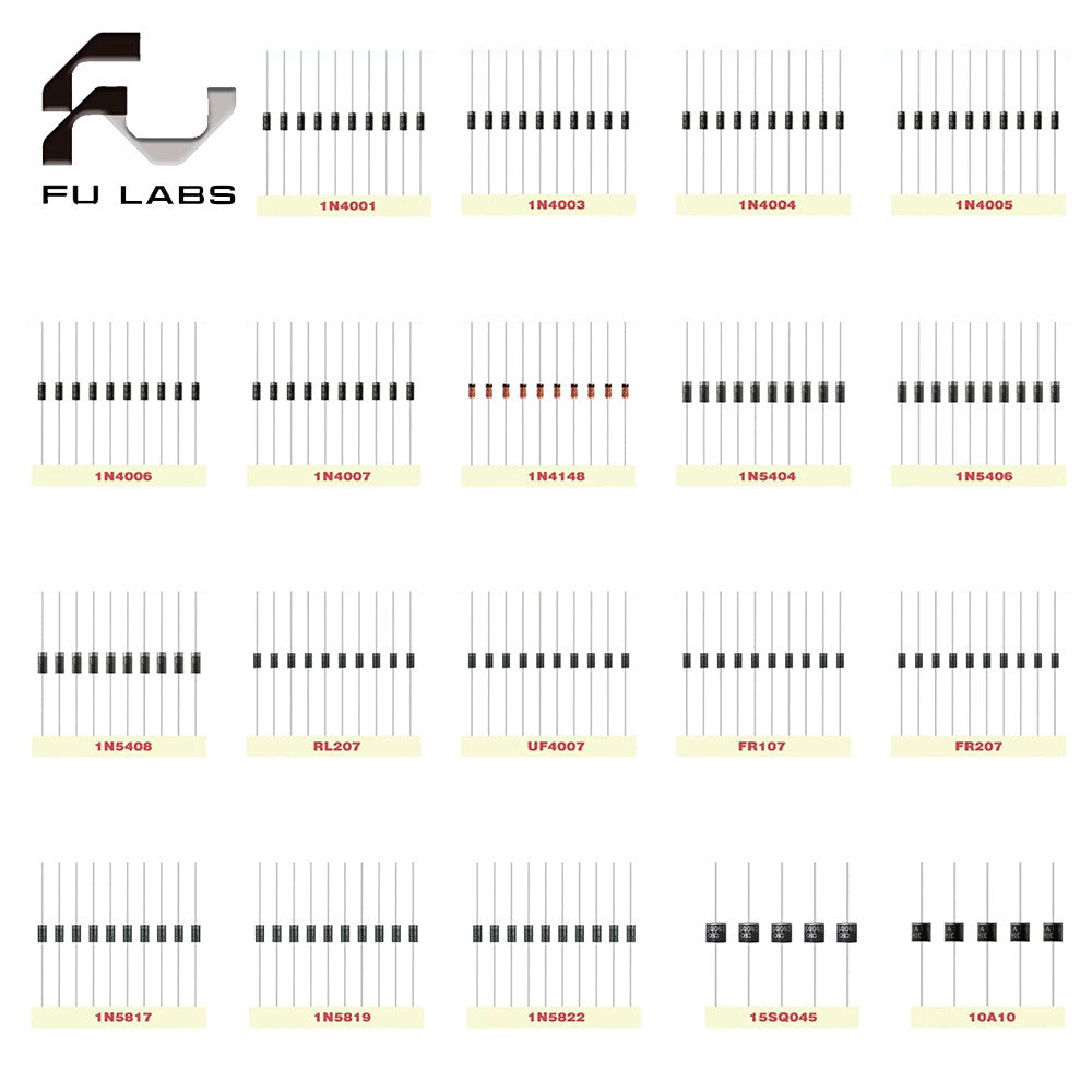 50Pcs Diode 1N4001 1N4004 1N4005 1N4007 6A10 10A10 20A10 1N5404 1N5408 1N5817 1N5819 1N5822 1N5824 UF4007 FR107 FR207 FR307 RL207 SR5100 Full Values