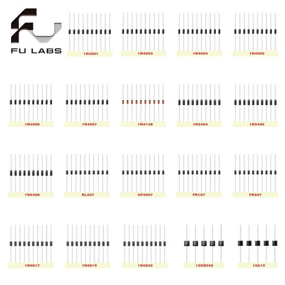 50Pcs Diode 1N4001 1N4004 1N4005 1N4007 6A10 10A10 20A10 1N5404 1N5408 1N5817 1N5819 1N5822 1N5824 UF4007 FR107 FR207 FR307 RL207 SR5100 Full Values