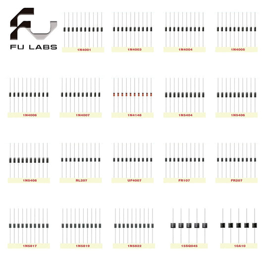 50Pcs Diode 1N4001 1N4004 1N4005 1N4007 6A10 10A10 20A10 1N5404 1N5408 1N5817 1N5819 1N5822 1N5824 UF4007 FR107 FR207 FR307 RL207 SR5100 Full Values