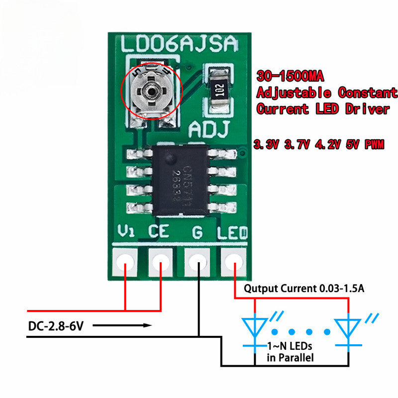30-1500MA Adjustable Constant Current LED Driver DC 3.3V 3.7V 4.2V 5V PWM Control Board Buck Power module